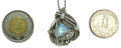 Rainbow Moonstone Pendant Necklace w Ethiopian Opals, Sterling Silver Wire Wrap