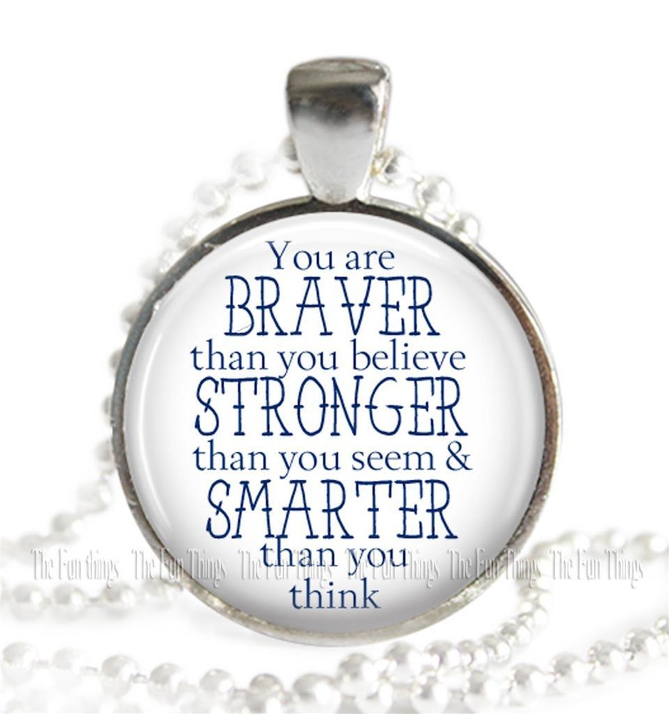 Winnie The Pooh Quote Braver Stronger Smarter Necklace Glass Top Pendant & Chain