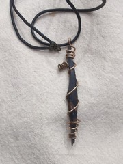 Handmade Obsidian Needle Pendant w/ Caged Pink Tourmaline Bronze Wire Leather