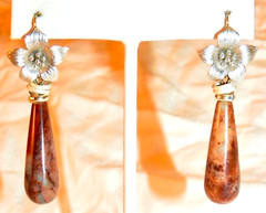 Polished Agate Earrings Long Teardrops with Flowers
