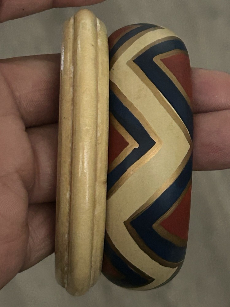 Handcrafted Ethnic Wood Bangle Bracelets Chevron Design Beige Blue Red