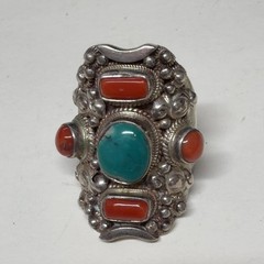 ARTISAN Sterling 925 Silver Turquoise Coral Ring Southwestern Style Sz 11.5