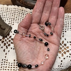 Beaded 18-19″ Necklace Hematite, Round Black & White Iridescent Glass 925 Clasp