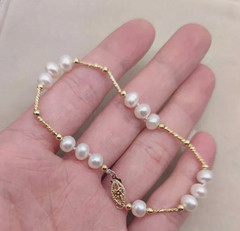 7-8mm AAA Akoya Real Natural White Pearl Bracelet 14k Gold 7.5-8″