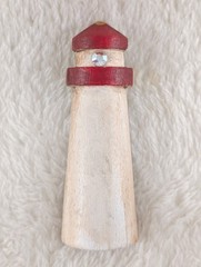 Handmade Wooden Lighthouse Brooch Red White AB Rhinestone Matthew 5:16 Pin