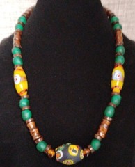 Tribal Style Murano Millefiori Frosted Green Glass & Wood Beaded Necklace
