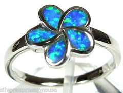 Blue Fire Opal Inlay 925 Sterling Silver Plumeria Flower Ring size 6 8 9