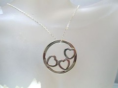 Handmade Sterling silver 3 hearts in big circle slider pendant Rhodium overlay