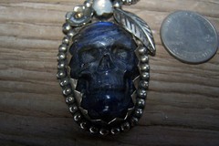 Southwestern Silver Tibetan Carved Moonstone Labradorite SKULL Pendant Necklace