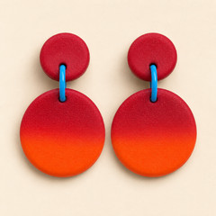Handmade Polymer Clay Dangle Earrings | Red Orange Ombre | Blue Hoop Drops