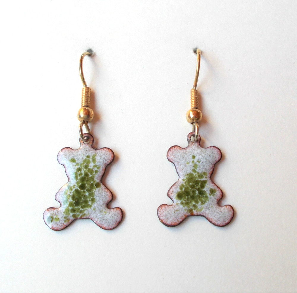 Enamel on Copper DANGLE EARRINGS -TEDDY BEAR SHAPE- TAN/OLIVE GREEN COLORS