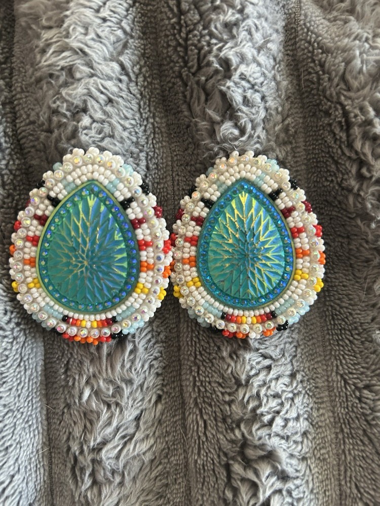 Native American Hand Made Beaded Teardrop Earrings posts with lever back.