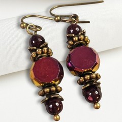 Garnet & Crystal Earrings Antique Bronze Dangle Drop Hook Handmade