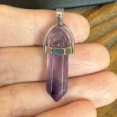 Amethyst Crystal Hexagonal Point Pendant Reiki Chakra Jewelry Silver Tone