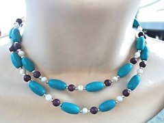 Long Necklace of Purple and Turquoise Magnesite Dyed Stone and White Shell Beads