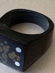 Handcrafted Wood or Horn Ring Carved with Inlaid Brass and Silver? Dot Design