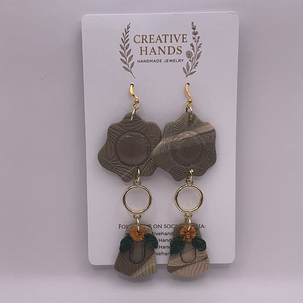 Handmade Floral Dangle Earrings Yellow Flower Gold Hoop Lightweight