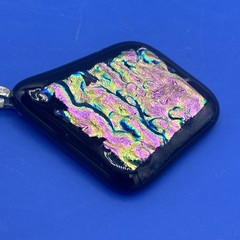 Handmade Dichroic Fused Glass Pendant Black Iridescent Pink Green 1.75”
