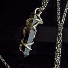 Smoky Quartz Crystal Point Pendant Handcrafted Silver tone Wire Wrap- 1.25”