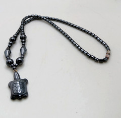 Hematite Carved Turtle Pendant Hematite Beaded 16″ Necklace Barrel Clasp