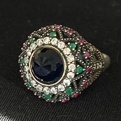ARRAUS 925 Silver Bronze Ottoman Statement Ring Size 7.5 Blue Sapphire Multi-Gem