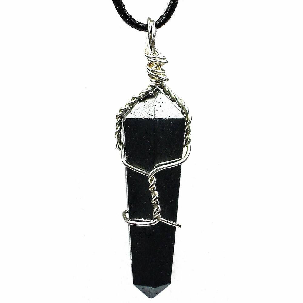 (1) Hematite Wire Wrapped Double Terminated Crystal Wand Pendant w/Description