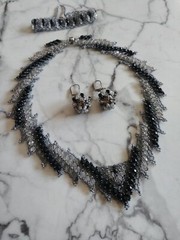 Handmade Beaded Statement Necklace, Drop Earrings, & Bracelet Set in Black, Grey
