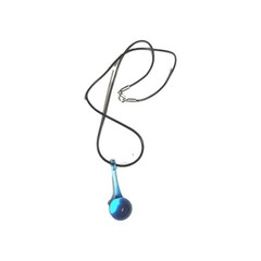 Blue Glass Teardrop Raindrop Blown Glass Pendant Choker Necklace 18″ Black Cord