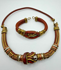 Artisan Handmade Genuine Leather Brass Copper Necklace and Bracelet Set