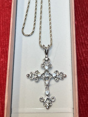 Vintage Sterling Silver Cross wOne 3mm CZs & Five 1mm CZs & Hearts Necklace