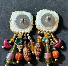 Handmade Shades Of Green Acrylic Stitched & Beaded Stud Earrings 2.25 Inches
