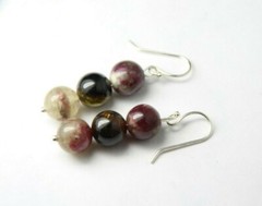 Tourmaline Earrings Dark Red, Green 8mm Ball Natural Gemstone .925 Silver 1 1/2″
