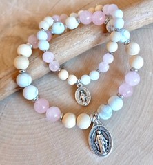Blessed Mother Bracelet, Virgin Mary, Miraculous Medal, Rose Quartz, Religious