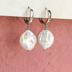Coin Pearl Huggie Hoop Drop Earrings, Gold & Silver, Gift for Her