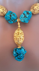 Turquoise Nugget Gold Filigree Beaded Statement Necklace Earring Set 181 Grams