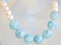 NATURAL BLUE LARGE MILKY AQUAMARINE WHITE PEARL 925 Silver NECKLACE Joy’s Jewels
