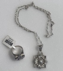 Set Sarda 925 Sterling Silver 31.1gr Floral Pendant/Ring/Chain Sz 9.75