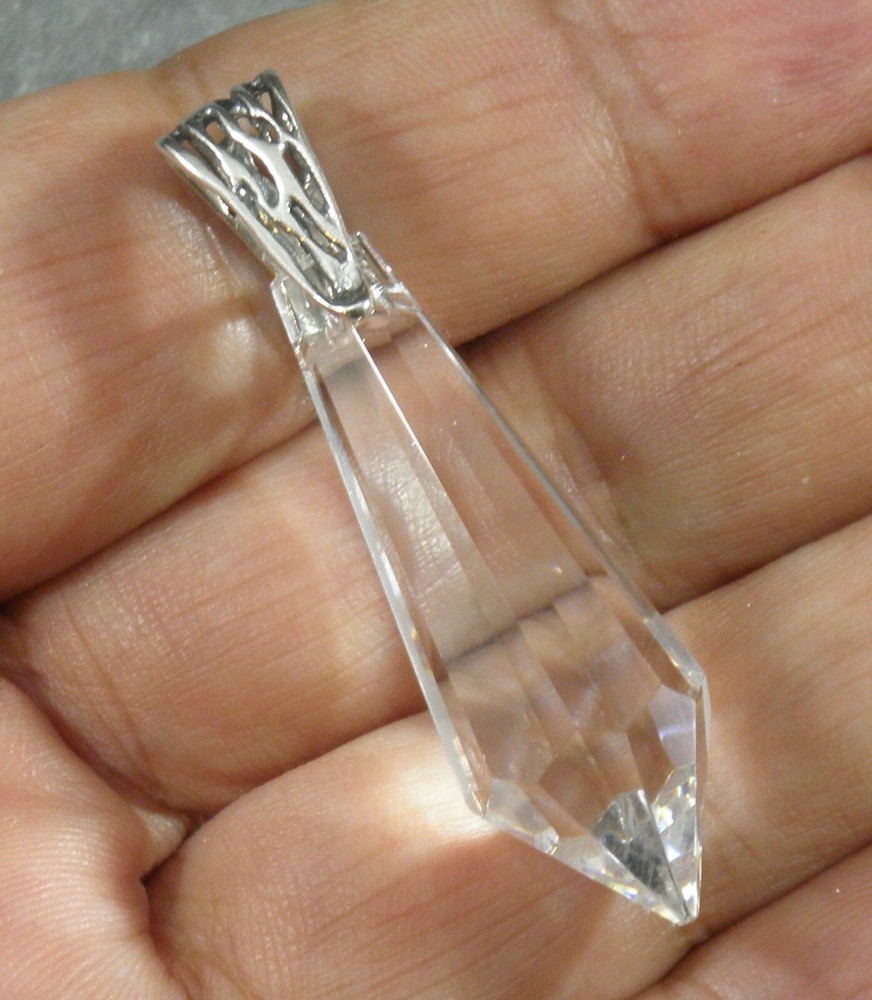 Clear Crystal Prism Large Faceted Point Pendant .925 Sterling Silver Bail 47mm