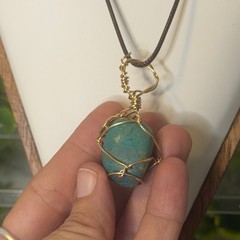 Handmade Chrysocolla Wire Wrapped Pendant Necklace Gold One of a Kind Texas