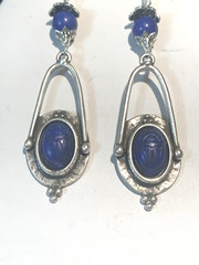NEW ITEM* HANDCRAFTED EGYPT CARVED VTG. LAPIS SCARAB EARRINGS-NEW-.925 EAR WIRES