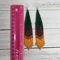 Boho Seed Beaded Earrings Green Brown Orange Fringe Dangle Drop Earrings 4.75 in