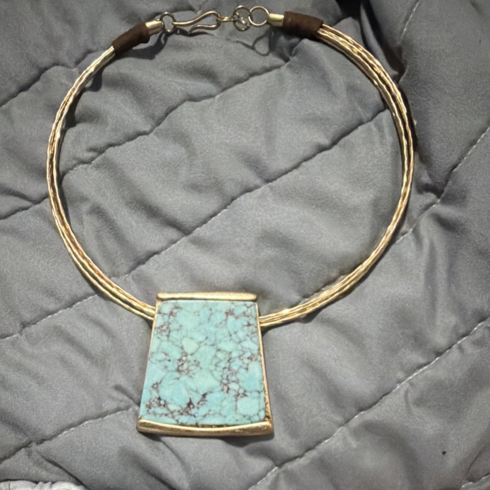 Artisan Turquoise Trapezoid Pendant Brass Collar Necklace Unisex