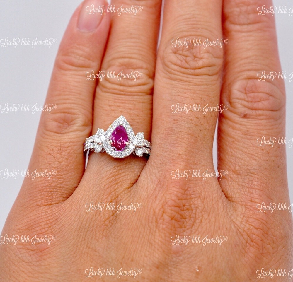 18k Solid White Gold Natural Diamond & Pear Shape Ruby Ring 1.68 ct Cocktail