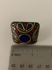 Tibetan Style Artisan Mosaic Resizable Ring Natural Lapis Lazuli, Coral