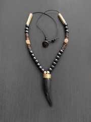 Tribal Horn Pendant Necklace Handmade Beaded Mens Statement Jewelry 30in
