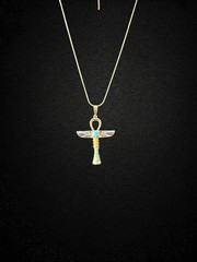 Winged Isis Ankh Necklace – Brass Pendant with Turquoise and Red Enamel
