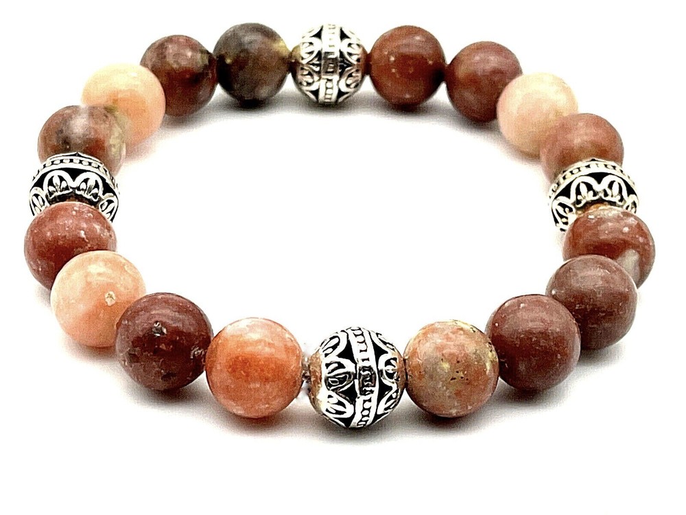 Handmade 10mm Plum Blossom Jasper Gemstone & .925 Silver Bali Bead Mood Bracelet