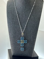 Himalayan Gems Cross Pendant, Turquoise & Butterscotch Amber, 18″ Chain 925