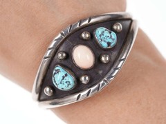6″ Vintage Native American Sterling Turquoise and coral Cuff bracelet