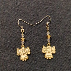 Gold Tone White Enamel Angel with Star Drop Statement Earrings